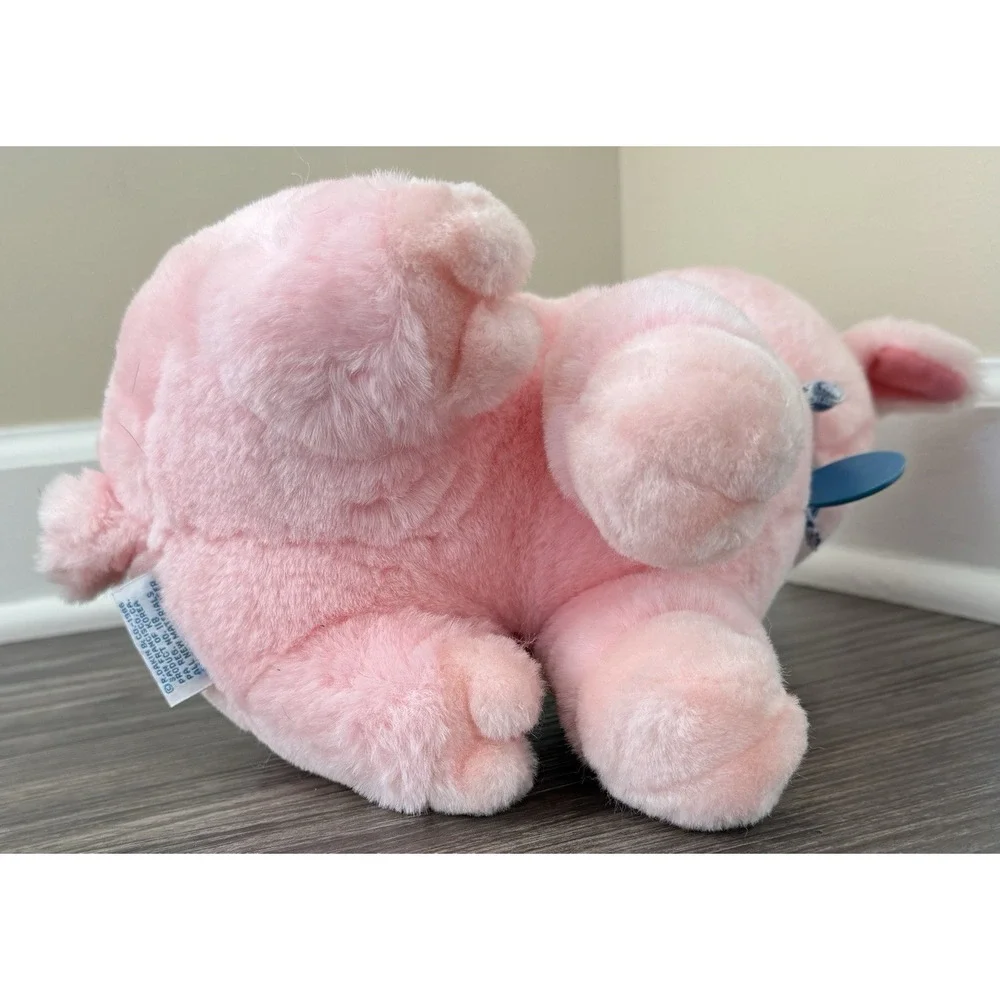 Vintage‎ 1986 Dakin Plush Pink Pig Sitting Stuffed Animal Blue Checkered Bandana